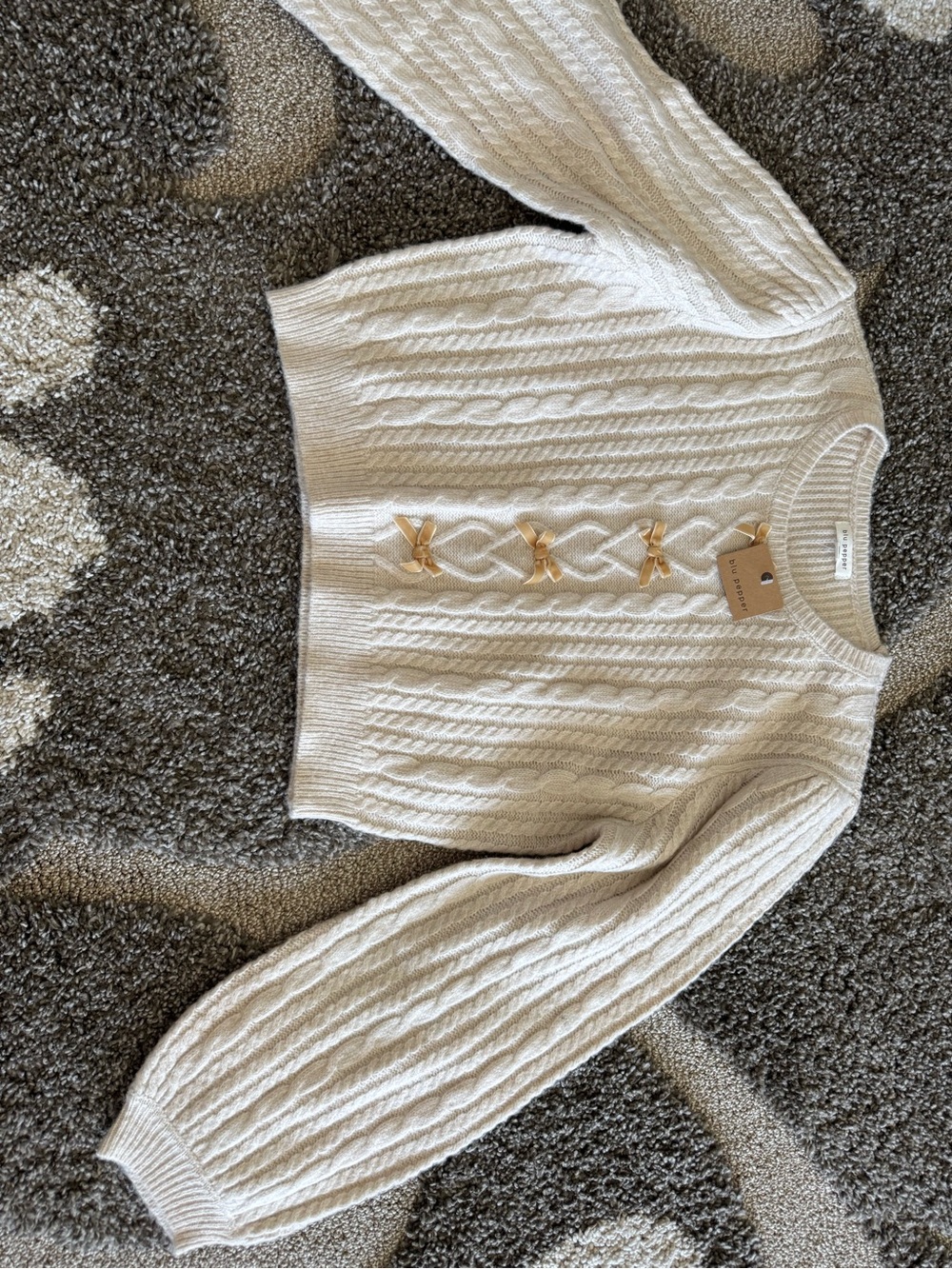 Blu Pepper Cream Cable Knit Sweater with Gold Bow Accents